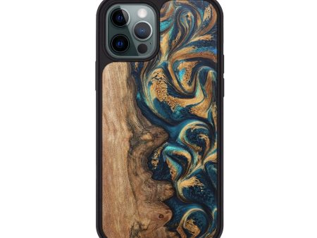 iPhone 12 Pro Wood+Resin Phone Case - Kaden (Teal & Gold, 697694) Hot on Sale