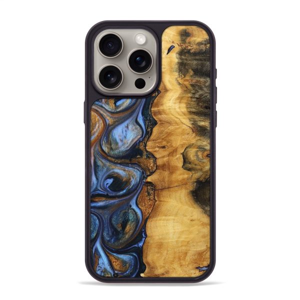 iPhone 15 Pro Max Wood+Resin Phone Case - Charles (Teal & Gold, 699085) For Discount