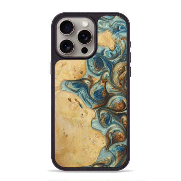 iPhone 15 Pro Max Wood+Resin Phone Case - Dorothy (Teal & Gold, 698418) For Sale