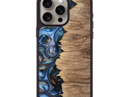 iPhone 15 Pro Max Wood+Resin Phone Case - Penny (Teal & Gold, 699075) For Sale