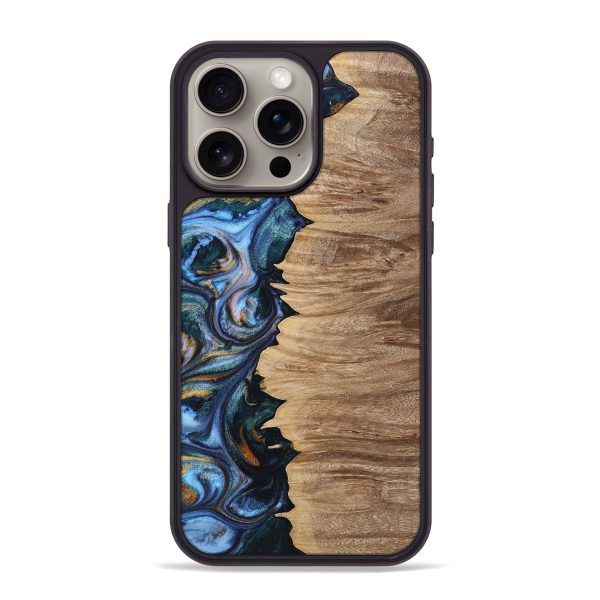 iPhone 15 Pro Max Wood+Resin Phone Case - Penny (Teal & Gold, 699075) For Sale