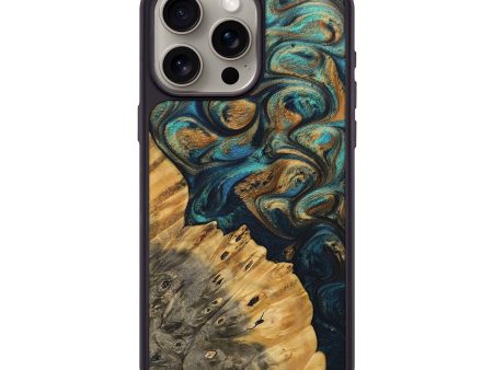 iPhone 15 Pro Max Wood+Resin Phone Case - Eli (Teal & Gold, 698409) For Cheap