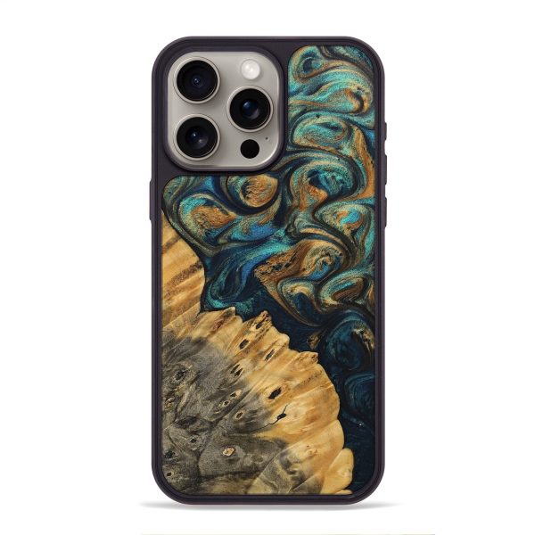 iPhone 15 Pro Max Wood+Resin Phone Case - Eli (Teal & Gold, 698409) For Cheap