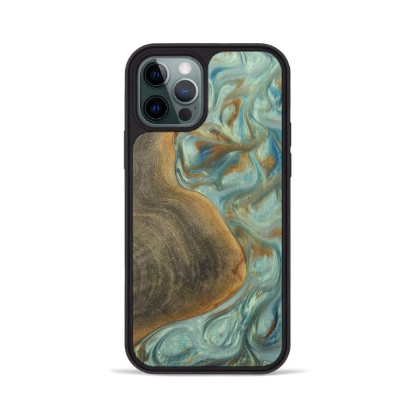 iPhone 12 Pro Wood+Resin Phone Case - Rodney (Teal & Gold, 698411) For Cheap