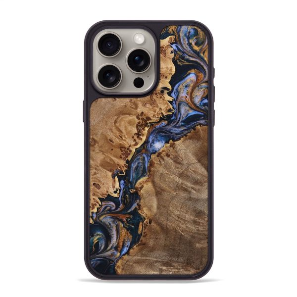 iPhone 15 Pro Max Wood+Resin Phone Case - Ian (Teal & Gold, 699076) Sale