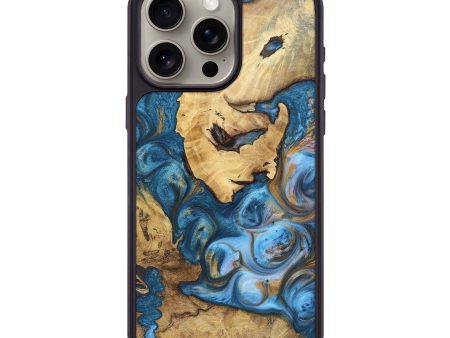 iPhone 15 Pro Max Wood+Resin Phone Case - Johnnie (Teal & Gold, 696762) For Sale