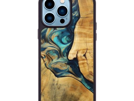 iPhone 14 Pro Max Wood+Resin Phone Case - Forrest (Teal & Gold, 694316) Fashion