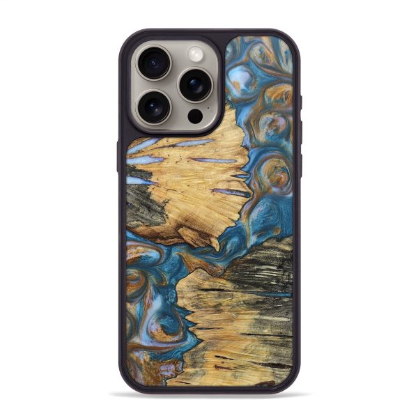 iPhone 15 Pro Max Wood+Resin Phone Case - Gordon (Teal & Gold, 696756) Cheap