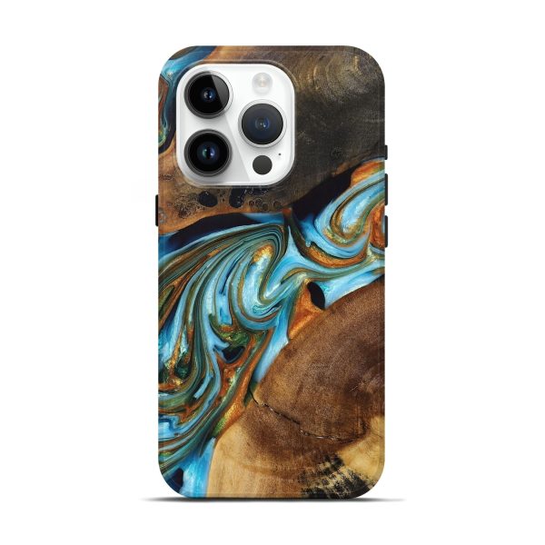 iPhone 15 Pro Wood+Resin Live Edge Phone Case - Leroy (Teal & Gold, 697335) For Cheap