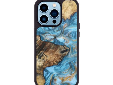 iPhone 14 Pro Wood+Resin Phone Case - Garrett (Teal & Gold, 695640) For Sale