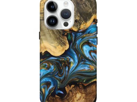 iPhone 15 Pro Wood+Resin Live Edge Phone Case - Darin (Teal & Gold, 699732) on Sale