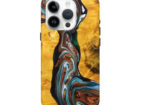 iPhone 15 Pro Wood+Resin Live Edge Phone Case - Celeste (Teal & Gold, 695902) For Sale