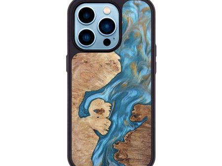 iPhone 14 Pro Wood+Resin Phone Case - Salvatore (Teal & Gold, 695645) Sale