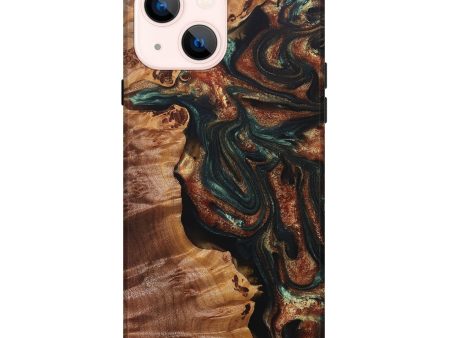 iPhone 14 Plus Wood+Resin Live Edge Phone Case - Shelia (Teal & Gold, 695478) Fashion