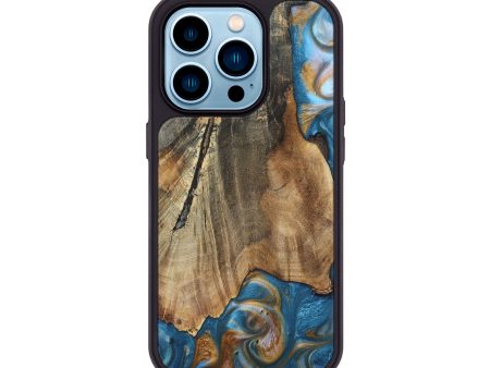 iPhone 14 Pro Wood+Resin Phone Case - Karl (Teal & Gold, 695205) Sale