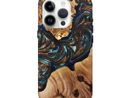 iPhone 15 Pro Wood+Resin Live Edge Phone Case - Willie (Teal & Gold, 695397) For Cheap