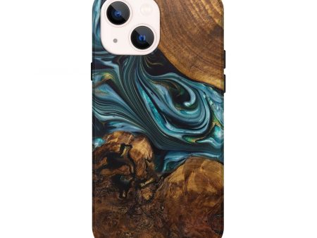 iPhone 13 Wood+Resin Live Edge Phone Case - Monique (Teal & Gold, 699737) on Sale