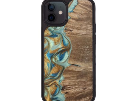 iPhone 12 Wood+Resin Phone Case - Ana (Teal & Gold, 694321) on Sale