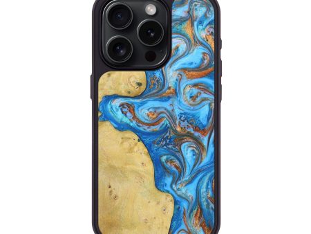 iPhone 15 Pro Wood+Resin Phone Case - Beth (Teal & Gold, 697478) Hot on Sale