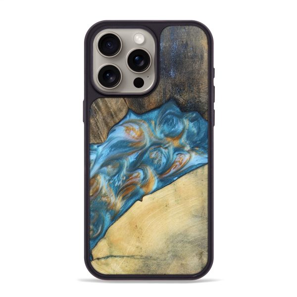 iPhone 15 Pro Max Wood+Resin Phone Case - Ezra (Teal & Gold, 695641) Discount