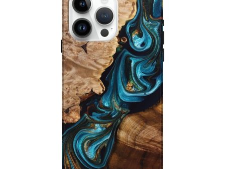 iPhone 15 Pro Max Wood+Resin Live Edge Phone Case - Cynthia (Teal & Gold, 694878) For Cheap