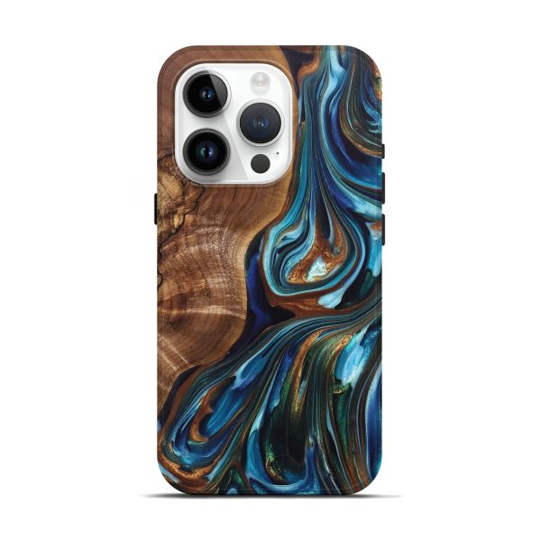 iPhone 15 Pro Wood+Resin Live Edge Phone Case - Veronica (Teal & Gold, 697334) Sale