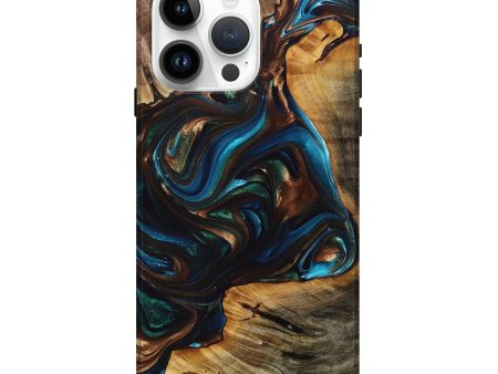 iPhone 15 Pro Max Wood+Resin Live Edge Phone Case - Everleigh (Teal & Gold, 696141) For Discount