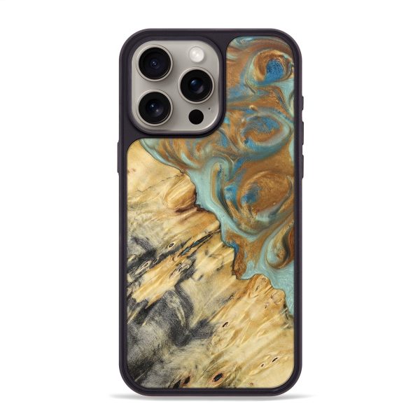 iPhone 15 Pro Max Wood+Resin Phone Case - Rylee (Teal & Gold, 694311) Supply