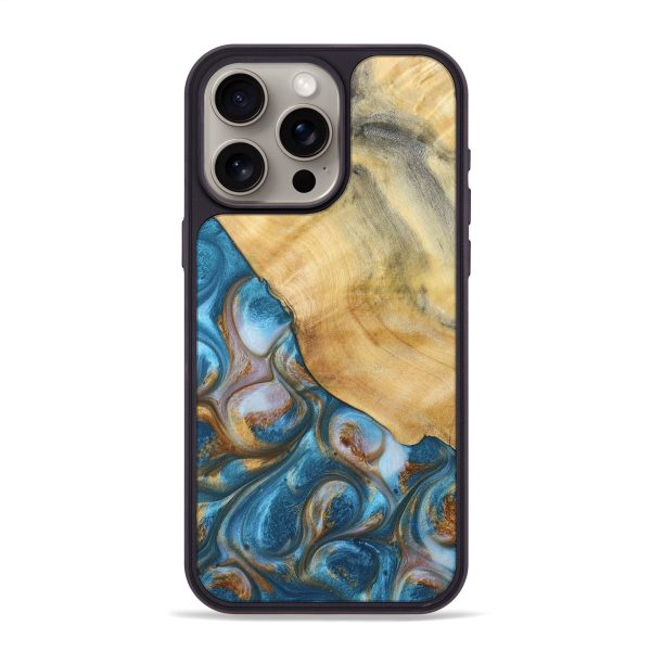 iPhone 15 Pro Max Wood+Resin Phone Case - Ruben (Teal & Gold, 695191) Cheap