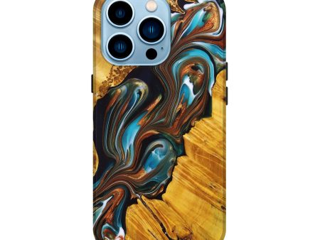 iPhone 14 Pro Wood+Resin Live Edge Phone Case - Jeanne (Teal & Gold, 695905) Supply