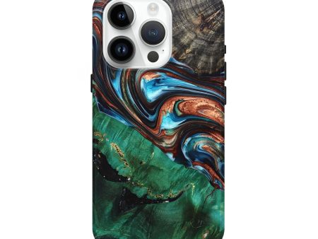 iPhone 15 Pro Wood+Resin Live Edge Phone Case - Lorene (Teal & Gold, 698202) For Cheap