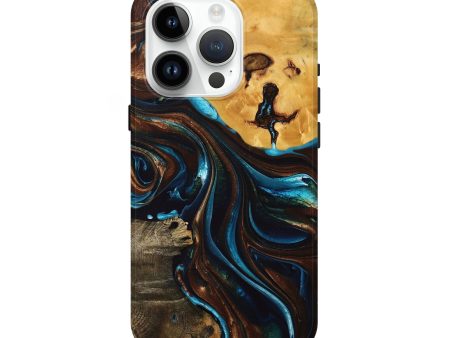 iPhone 15 Pro Wood+Resin Live Edge Phone Case - Jolene (Teal & Gold, 696142) Online now