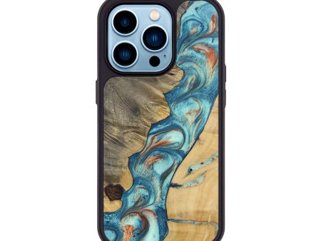 iPhone 14 Pro Wood+Resin Phone Case - Hubert (Teal & Gold, 696386) For Sale