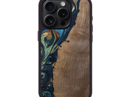 iPhone 15 Pro Wood+Resin Phone Case - Amelia (Teal & Gold, 694314) Online